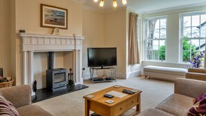 A living room with a fireplace, television, sofa, and a window with a view. - St David's Country House (Woodford)