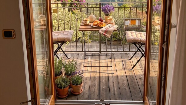 Ein Balkon mit Holzboden, Sitzgelegenheit im Freien und Topfpflanzen.