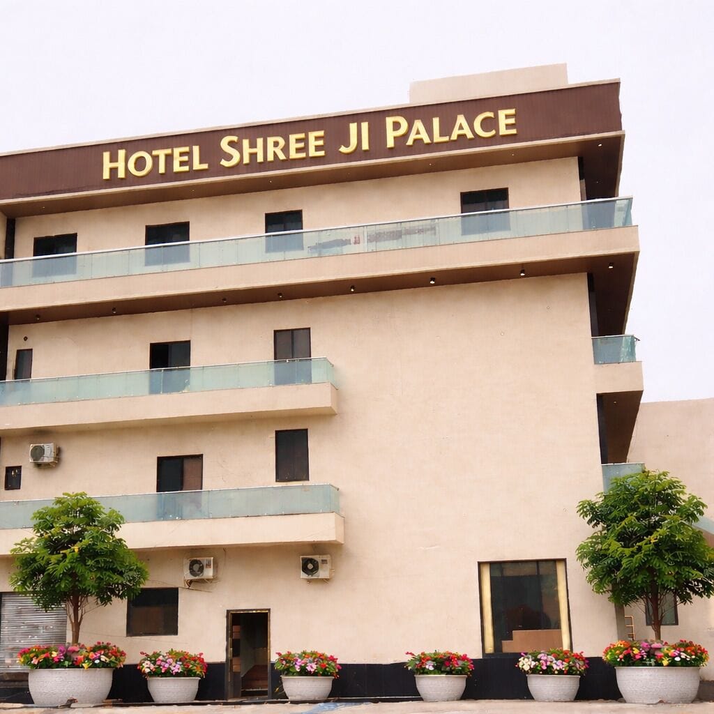 A multi-story building with balconies and a sign reading 'HOTEL SHREE JI PALACE'.
