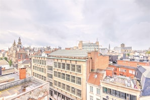 A cityscape with historic buildings, a modern glass structure, and a large building with multiple windows. - Centrally Located Antwerp Stay for 10 (Antwerp)