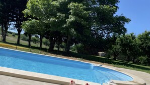 Une piscine dotée d’une plage carrelée, entourée d’arbres et délimitée par une clôture.