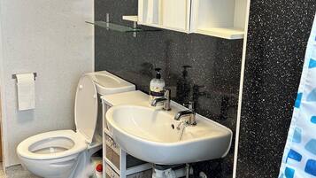 A bathroom with a toilet, sink, and mirror.