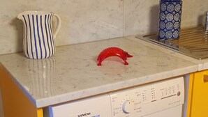 Een kleine keuken met een Siemens wasmachine, een gestreepte kan en een bewerkte mok op het aanrecht.