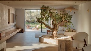 Un saló modern amb una gran jardiniera amb planta, un sofà, una taula de centre de fusta i un televisor fixat a la paret.