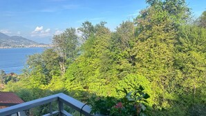En balkon med udsigt over vand og frodig vegetation.