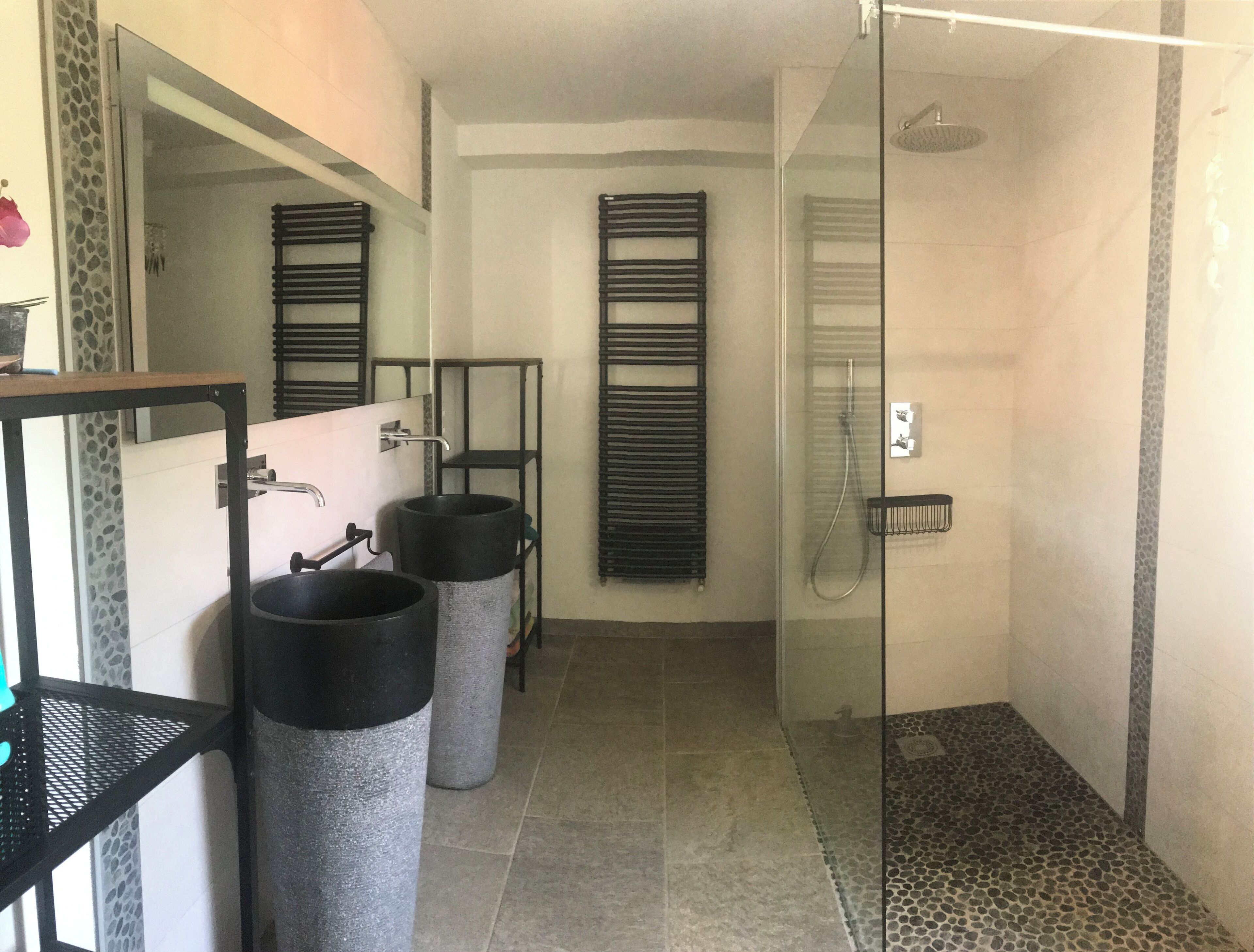 A bathroom with a shower, two sinks, and a mirror.