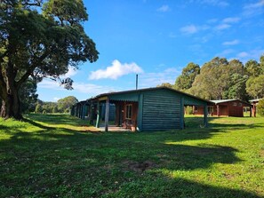 Eine rustikale Holzhütte mit Veranda, umgeben von üppiger Vegetation und Bäumen.