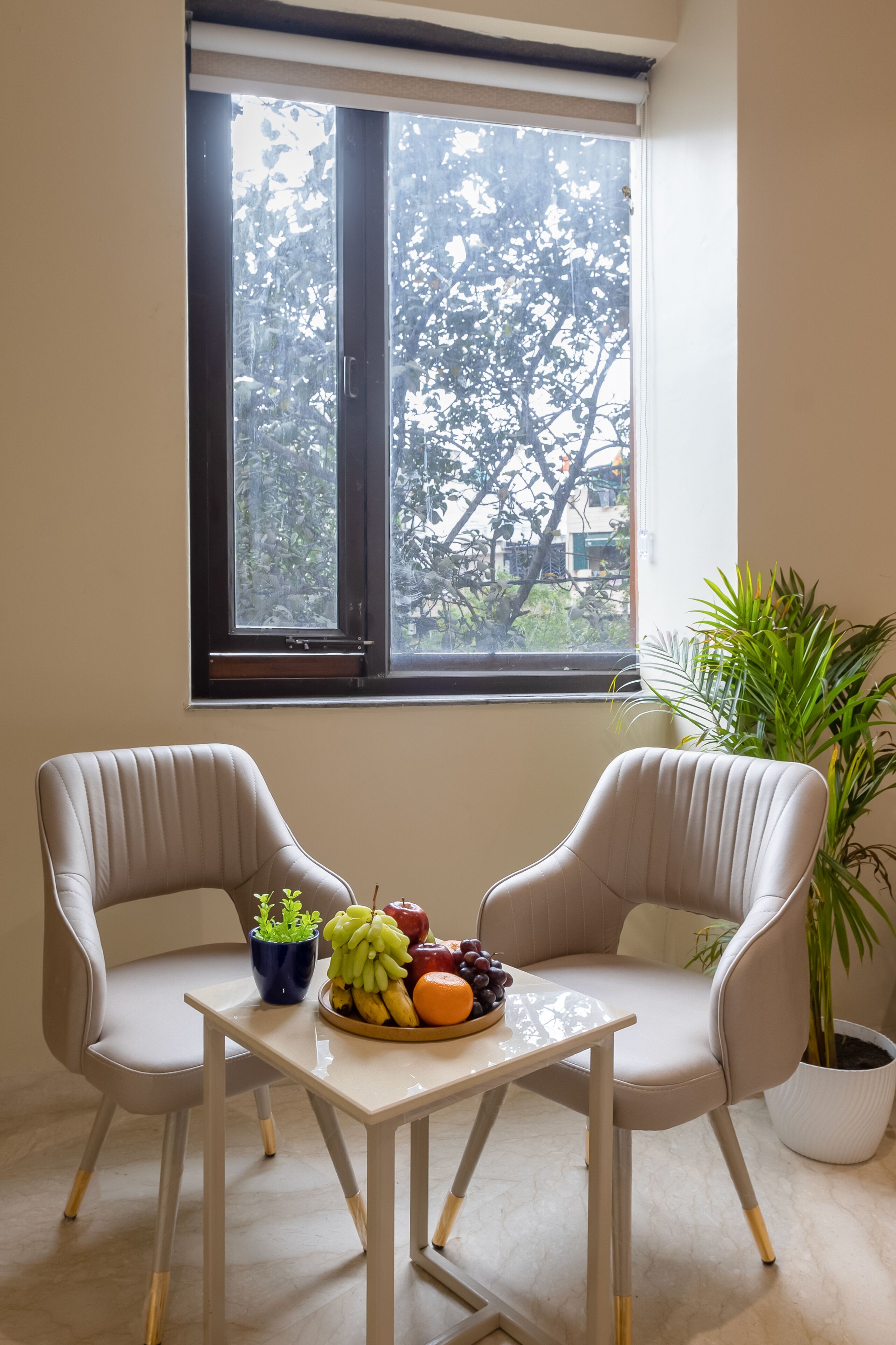 A room with two chairs, a table with a fruit bowl, a window with a view of trees, and a potted plant.