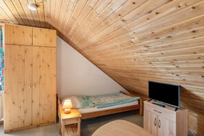 Una habitación con techo inclinado, una cama, un televisor sobre un mueble de madera y un armario.