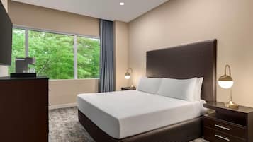 A hotel room with a large bed, two bedside tables with lamps, a TV on a stand, and a view of greenery outside.