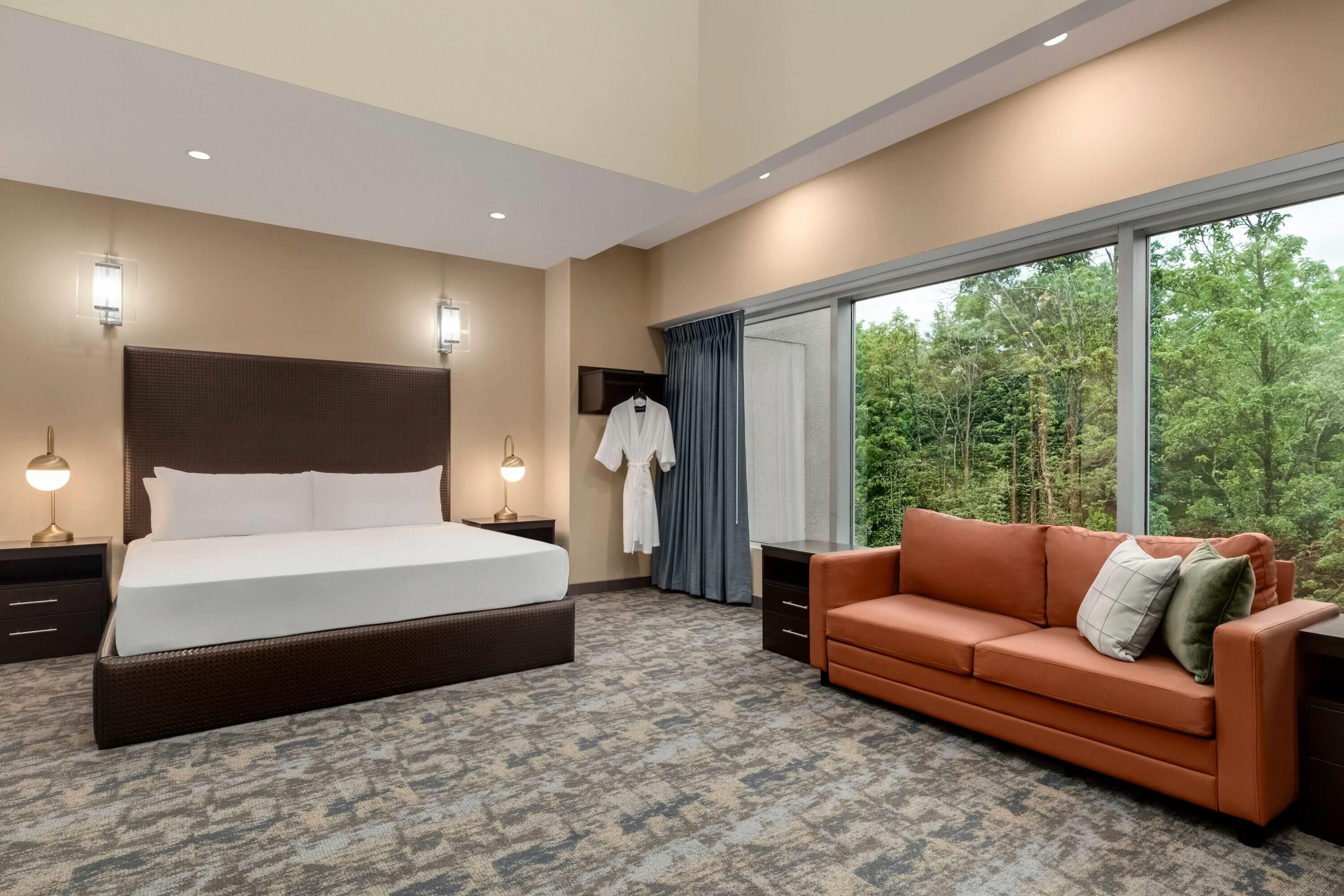 Une chambre d’hôtel avec un grand lit, un canapé, un bureau et une vue sur les arbres par la fenêtre.