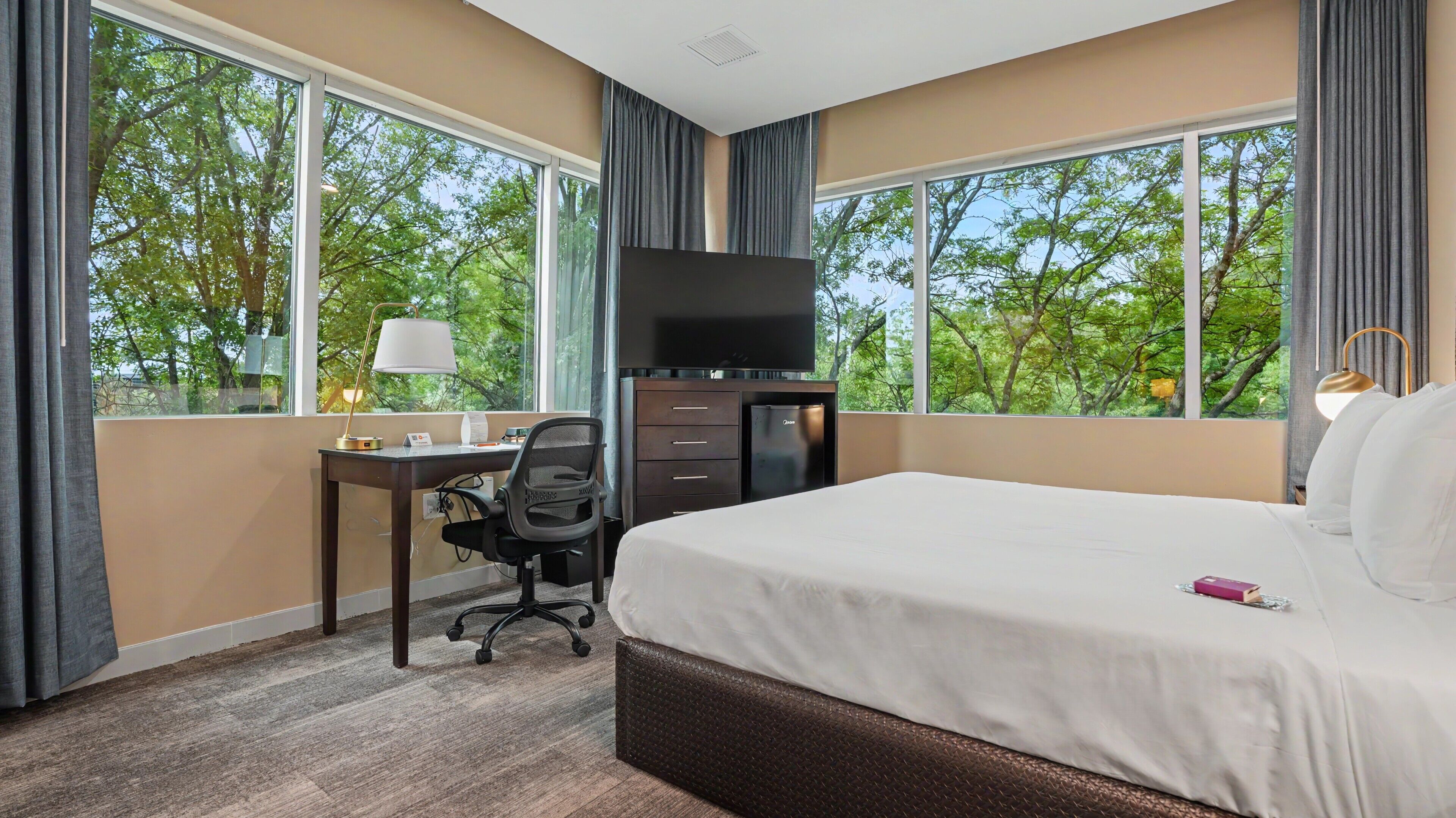 Habitación de hotel con una cama grande, un escritorio con una silla, televisión y vista a árboles a través de amplias ventanas.