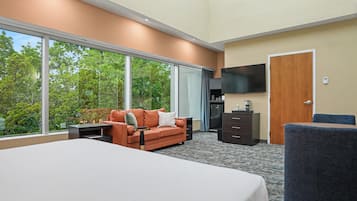 A hotel room with a large bed, a sofa, a TV, a wooden door, and a view of trees through large windows.