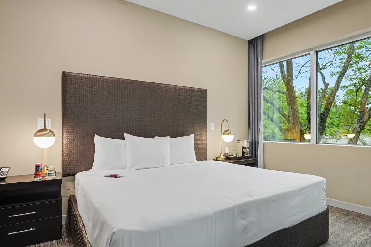 A hotel room with a large bed, a nightstand, a desk, and a window with a view of trees.