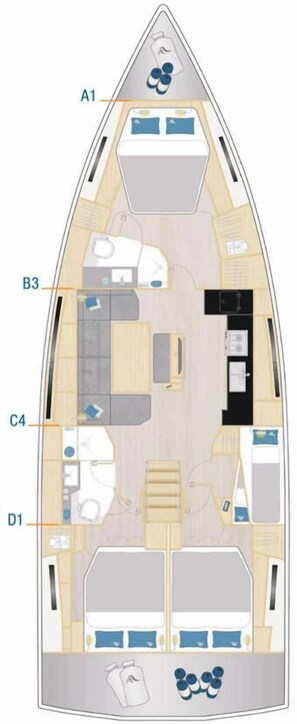 A boat layout with a dining area, kitchen, and two cabins.