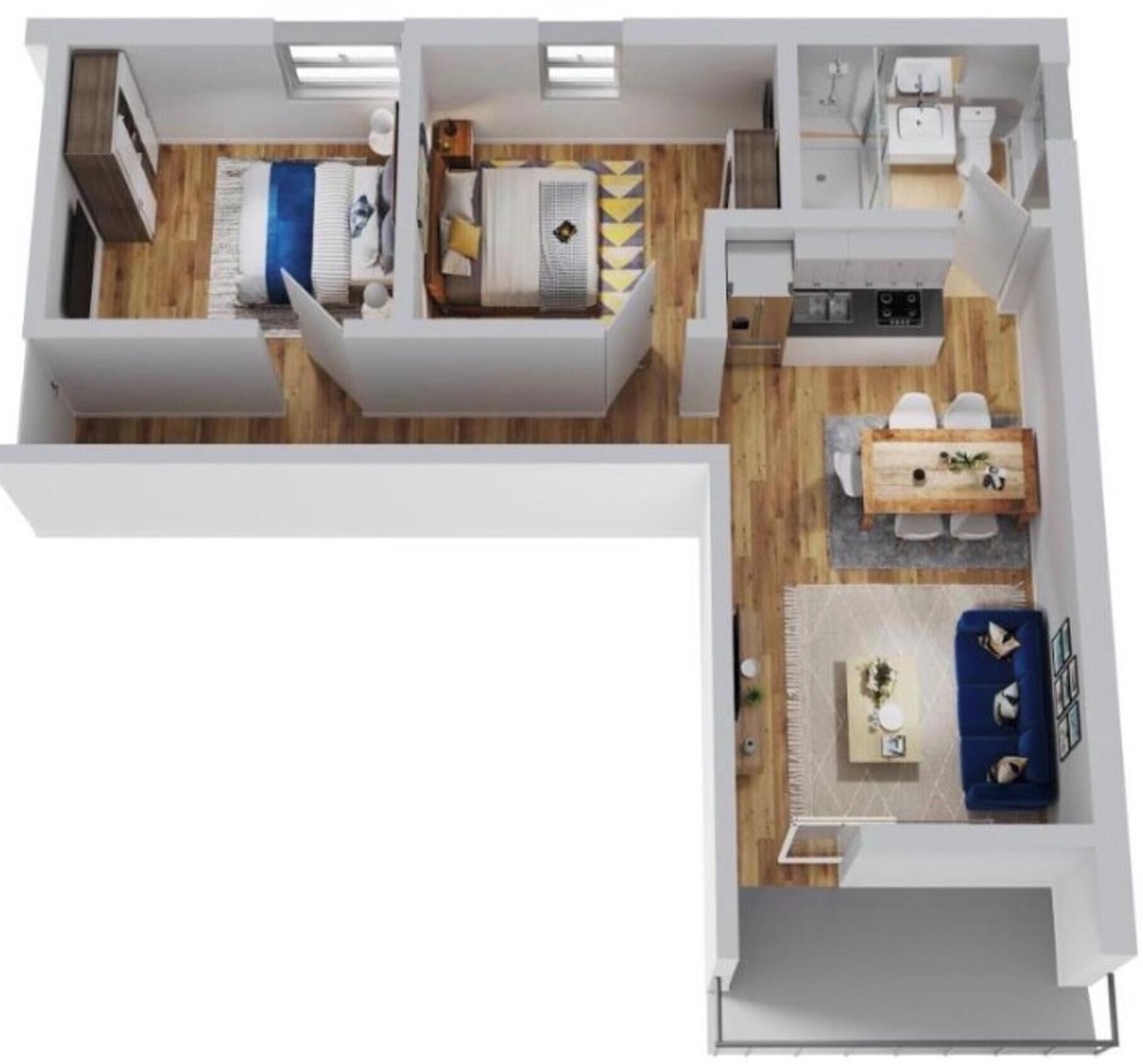 A floor plan of a modern apartment with a living room, kitchen, two bedrooms, and a bathroom.