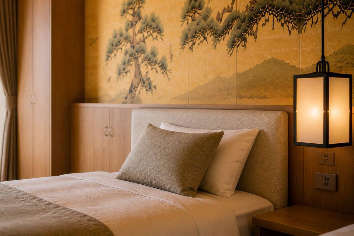 A hotel room with a bed, a nightstand, a wall-mounted lamp, and a view of the sea through a window.