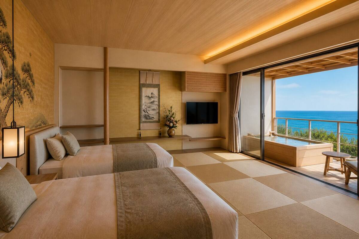 A modern hotel room with two beds, a flat-screen TV, a large window with a view of the sea, and a balcony with seating.