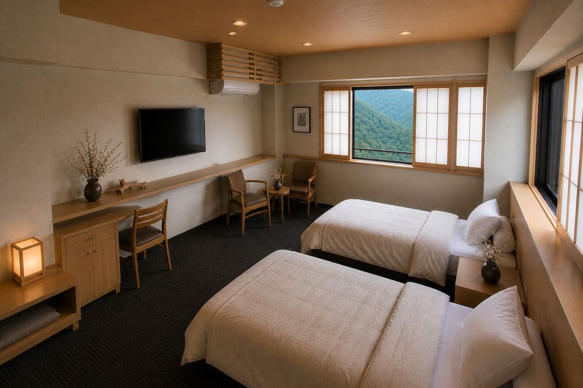 A hotel room with two beds, a desk with a chair, a television, and a window with a view of a forest.