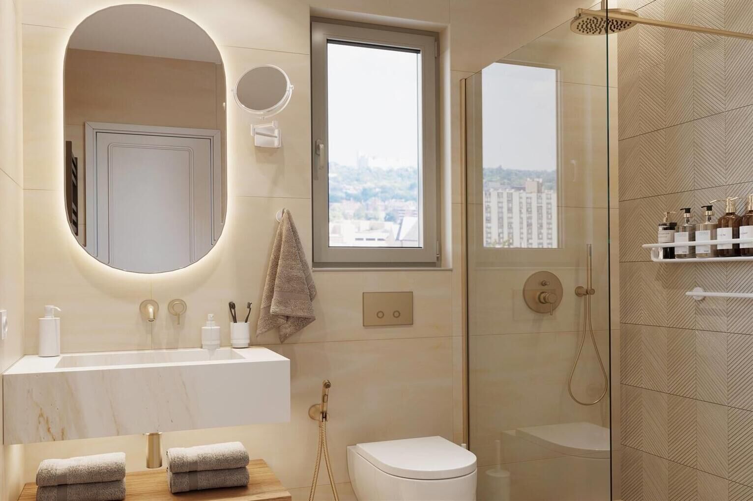 Shower, rainfall showerhead, free toiletries, hair dryer
