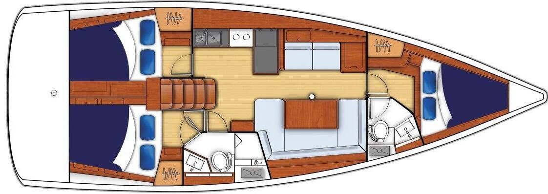 A boat interior with a kitchen, seating area, and a small bathroom.
