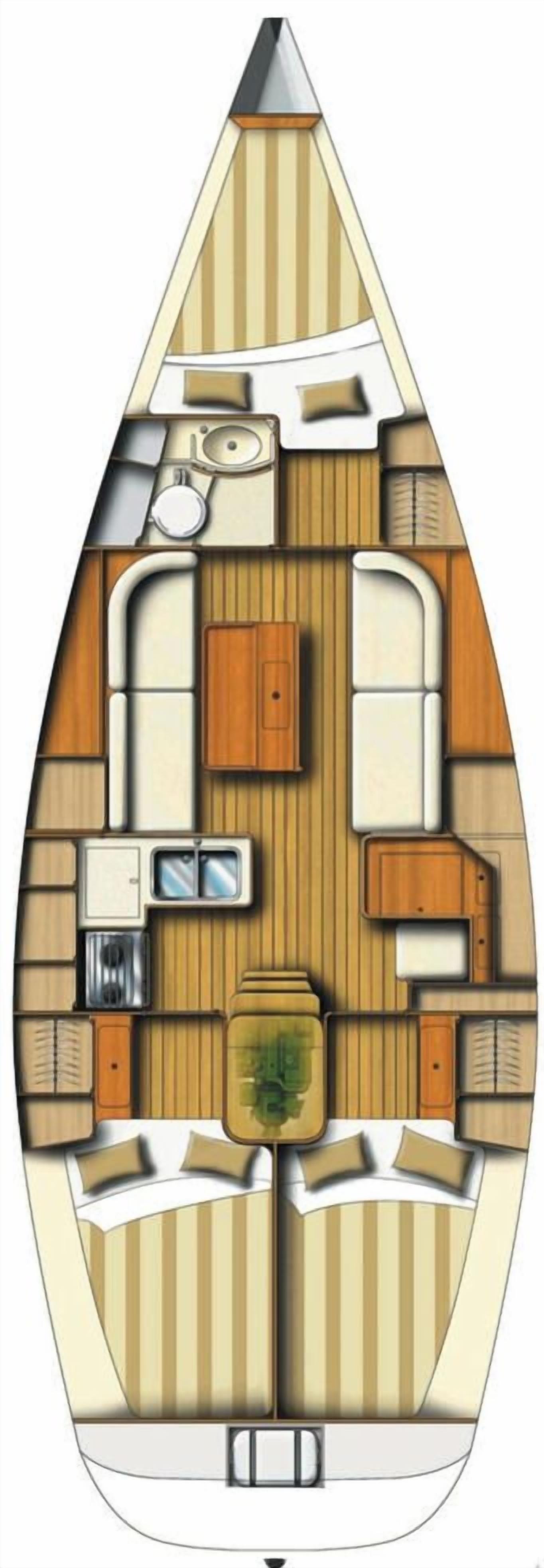 L'intérieur d'un bateau comprend un espace salon central, une cuisine et une salle de bain.