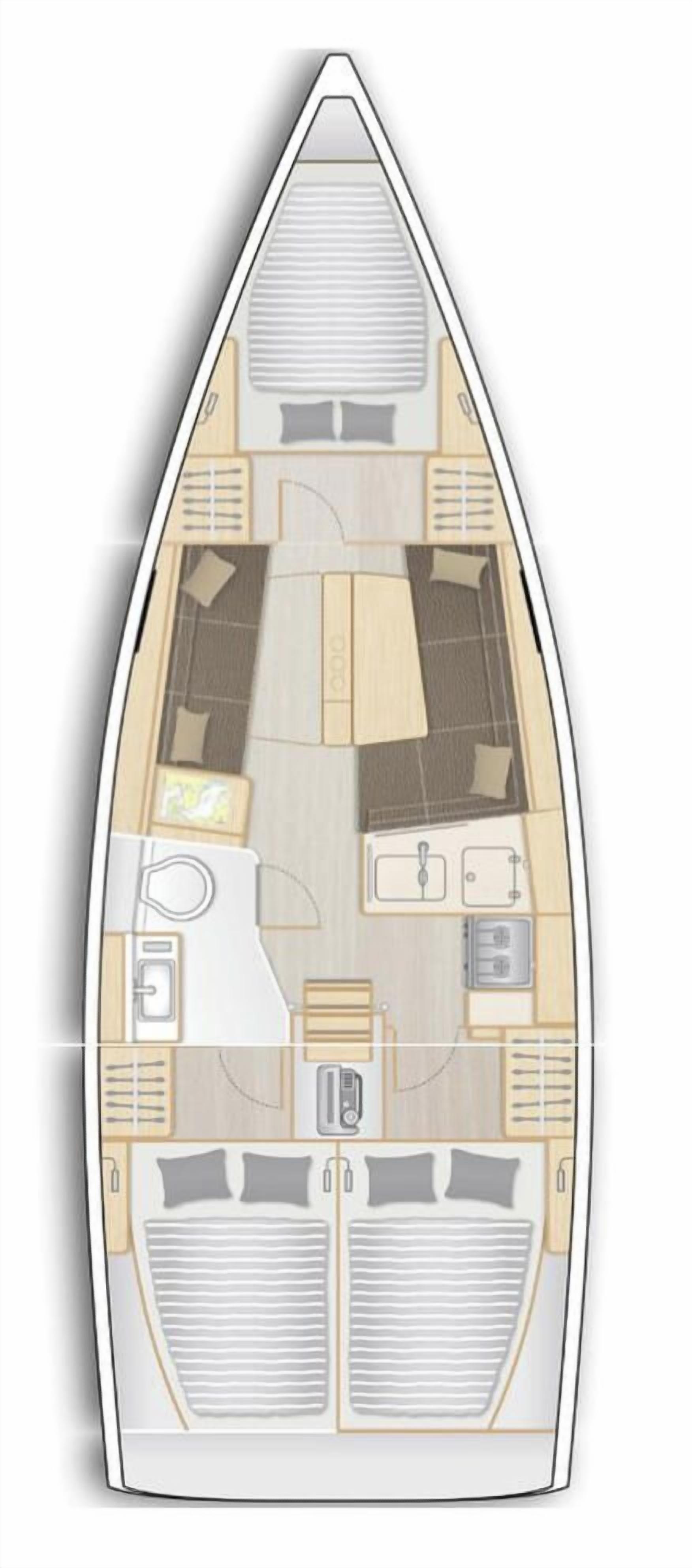 L'intérieur d'un bateau comprend une cuisine, un coin repas et deux cabines.