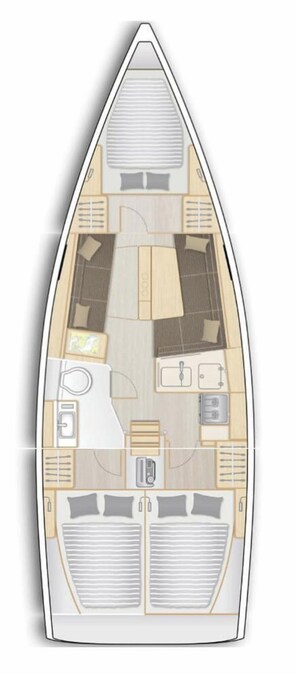 A boat interior with a kitchen, dining area, and two sleeping quarters.