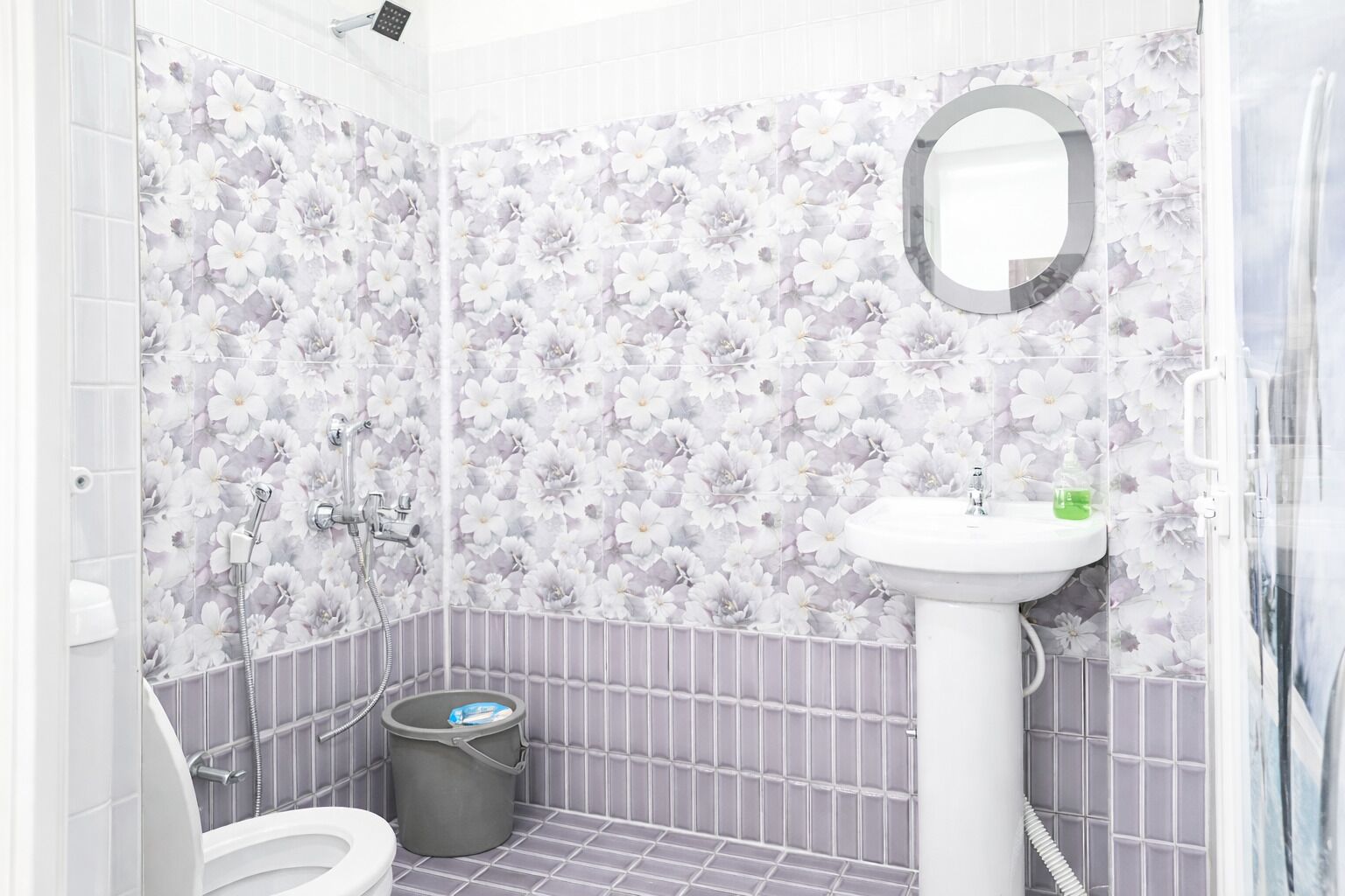 Shower, rainfall showerhead, slippers, towels