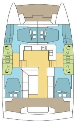 A boat interior with a central dining area, two cabins, and a kitchen.