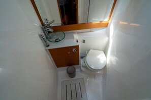 A compact bathroom with a glass bowl sink, a wooden vanity, a toilet, and a mirror. - Sun-Kissed Sailing Adventure in Provence-Alpes-Côte d'Azur (Saint-Mandrier-sur-Mer)