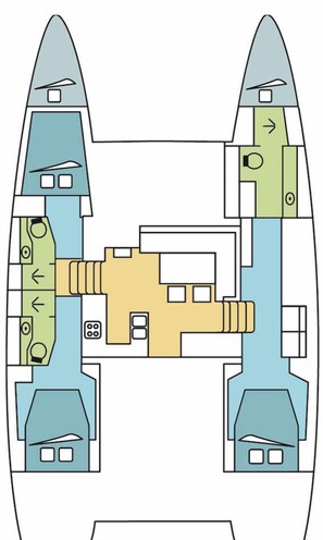 A floor plan of a building with two symmetrical wings, a central hallway, and a central courtyard.
