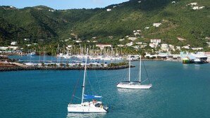A marina with boats, a dock, and a hillside with buildings. - Caribbean Dream: Sun-soaked Sailing Adventure from Tortola, Islas Vírgenes Británicas (Parham Town)