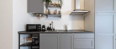 Fridge, microwave, stovetop, electric kettle