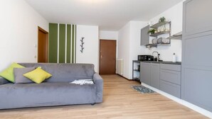 Un apartamento moderno con un sofá gris, una cocina con armarios grises y una puerta que da a otra habitación.