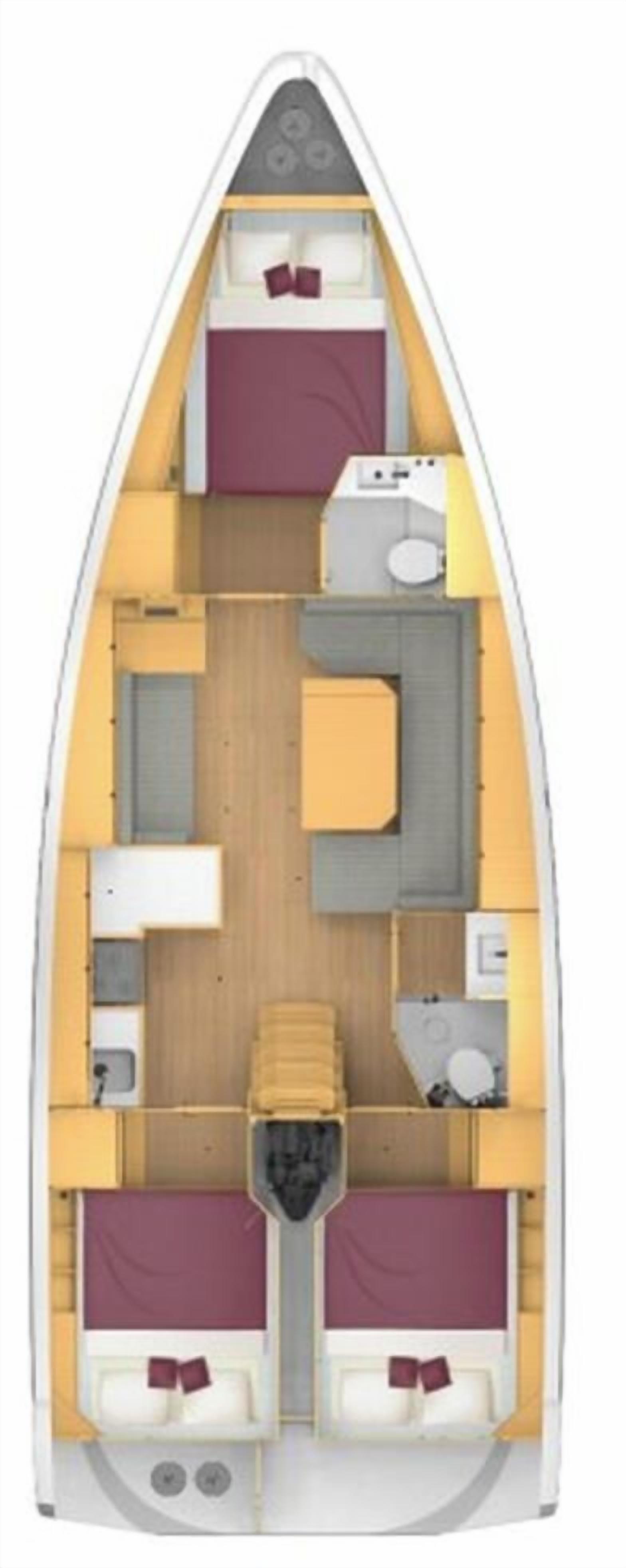 Interno di una barca con una zona pranzo centrale, due cabine con letti, una cucina e un bagno.
