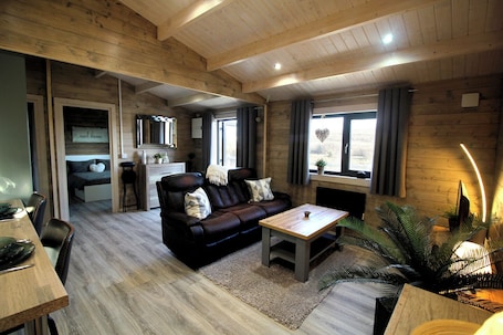 A cozy living room with a leather sofa, a coffee table, and a fireplace.. Connemara luxury log out