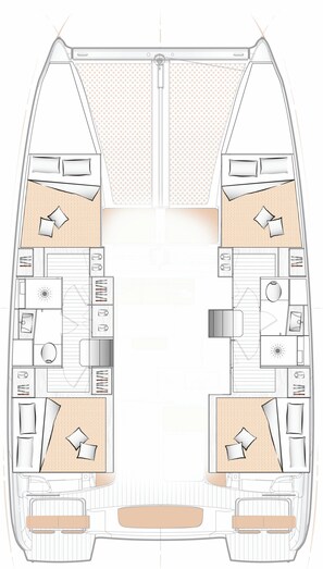 A boat interior with two cabins, a kitchen, a dining area, and a bathroom.