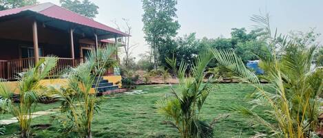 A house with a red roof, a porch, and a well-maintained lawn with various plants.