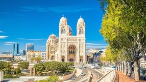Une cathédrale historique dotée de deux dômes, d’une grande entrée en arc de cercle et entourée d’un paysage urbain comprenant des bâtiments modernes et une rue bordée d’arbres.