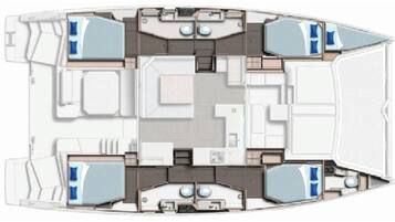 A boat interior with a dining area, kitchen, and two cabins.