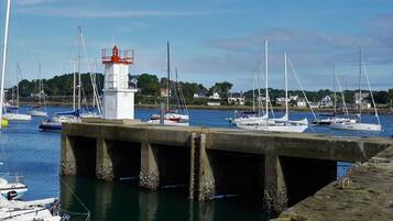 Un port avec des bateaux, un phare et des maisons en arrière-plan.