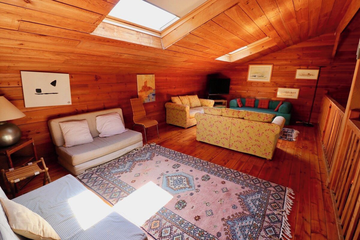 Ein gemütliches Zimmer mit Holzboden, einer Couch, einem gemusterten Teppich und einem Fernseher.