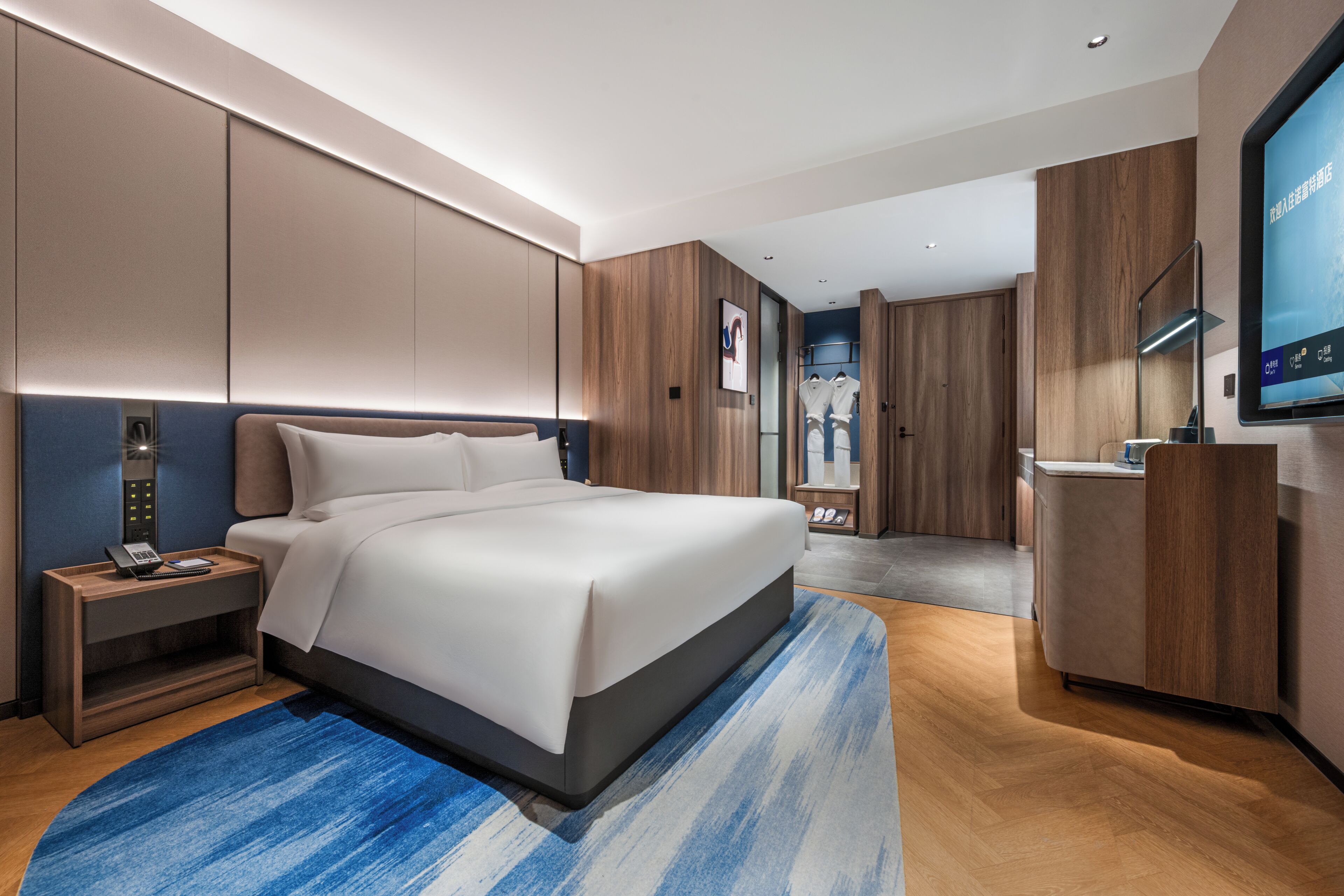 Habitación de hotel moderna con una cama grande, un escritorio, un televisor y un armario.