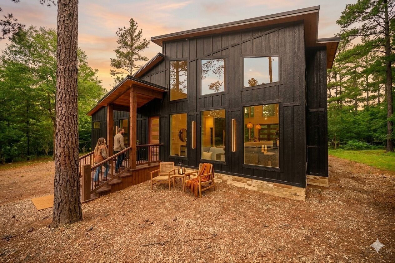 A modern wooden cabin with a deck, large windows, and outdoor seating.