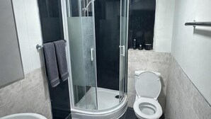 Ett badrum med en dusch som är avskärmad med glasväggar, en toalett och en bidé.