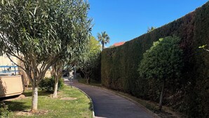 A paved pathway flanked by trimmed hedges and trees, leading to a building with a red roof. - Apt 4 pers. - swimming pool - 750 m. from the beach Private parking (Fréjus)