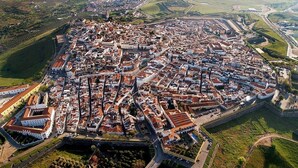 Eine Luftaufnahme einer historischen Stadt mit einer befestigten Mauer, dicht bebauten Häusern und einem zentralen Platz.
