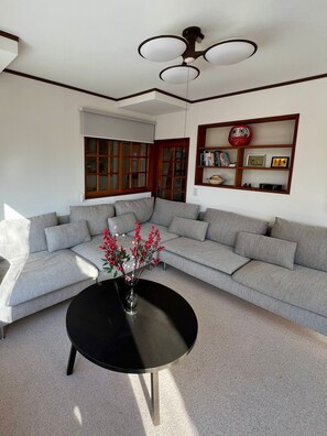 Un salon moderne avec un canapé d’angle gris, une table basse noire et un ventilateur de plafond.