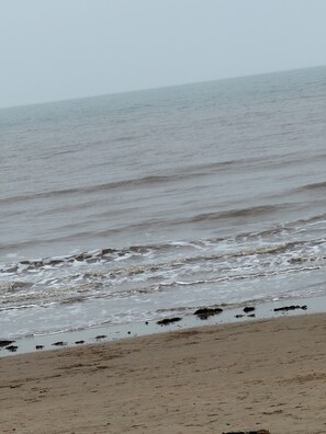 A beach with waves and seaweed on the shore. -  Dog friendly and family friendly 3-bedroom chalet at south shore , bridlington (Wilsthorpe)